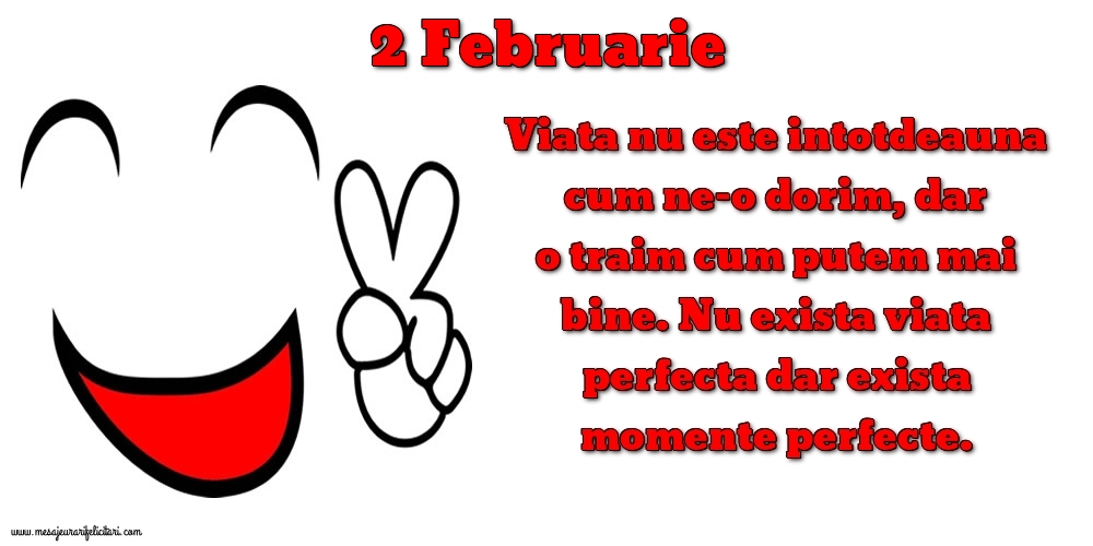 2.Februarie Viata nu este intotdeauna cum ne-o dorim, dar o traim cum putem mai bine. Nu exista viata perfecta dar exista momente perfecte.