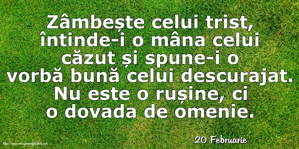 Felicitari de 20 Februarie - 20 Februarie - Zâmbește celui trist, întinde-i o mâna celui căzut... Nu este o rușine, ci o dovada de omenie.