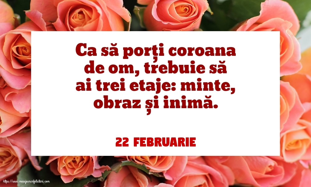 Felicitari de 22 Februarie - 22 Februarie - Ca să porți coroana de om, trebuie să ai trei etaje: minte, obraz și inimă.