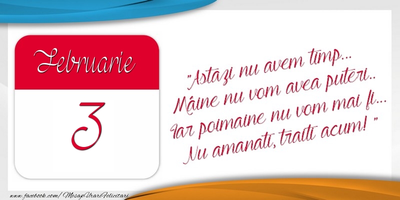 Astazi nu avem timp... Mâine nu vom avea puteri.. Iar poimaine nu vom mai fi... Nu amanati, traiti acum! 3Februarie