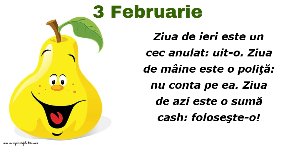 3.Februarie Ziua de ieri este un cec anulat: uit-o. Ziua de mâine este o poliţă: nu conta pe ea. Ziua de azi este o sumă cash: foloseşte-o!