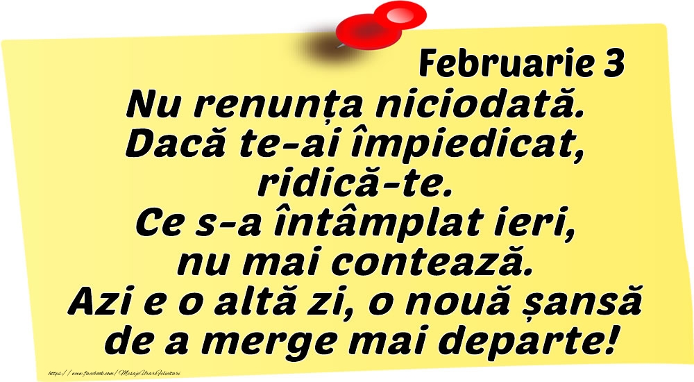 Februarie 3 Nu renunța niciodată. Dacă te-ai împiedicat, ridică-te. Ce s-a întâmplat ieri, nu mai contează. Azi e o altă zi, o nouă șansă de a merge mai departe!