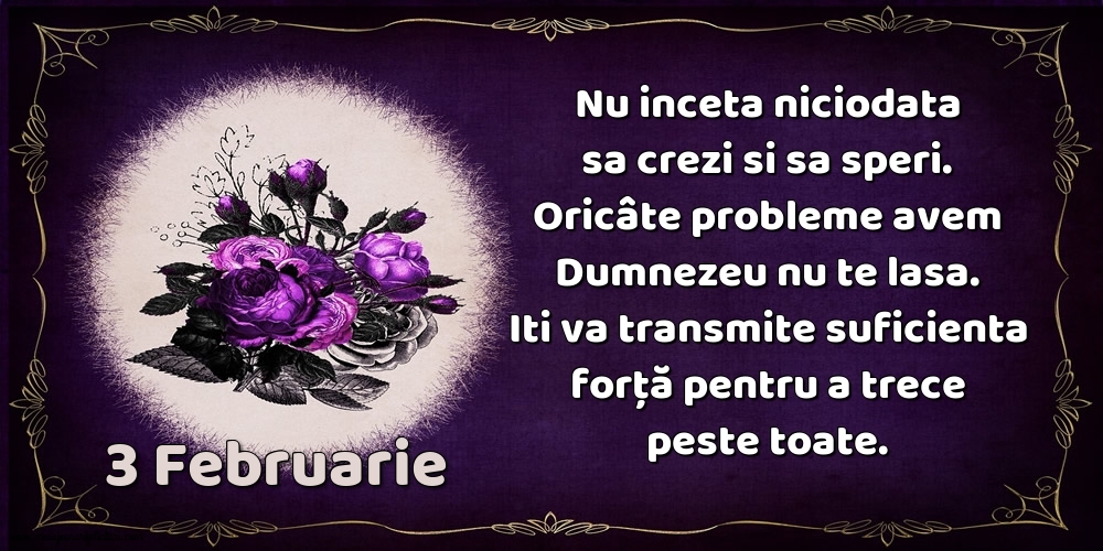 3.Februarie Nu inceta niciodata sa crezi si sa speri. Oricâte probleme avem Dumnezeu nu te lasa. Iti va transmite suficienta forţă pentru a trece peste toate.