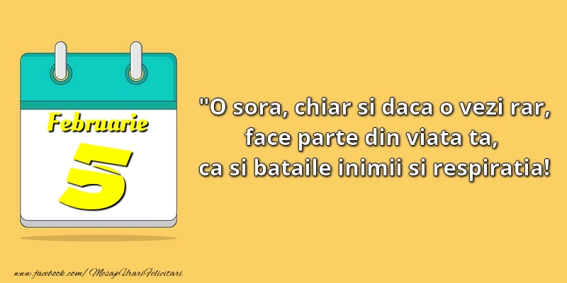 Felicitari de 5 Februarie - O soră, chiar şi dacă o vezi rar, face parte din viata ta, ca şi bătăile inimii şi respiraţia! 5Februarie