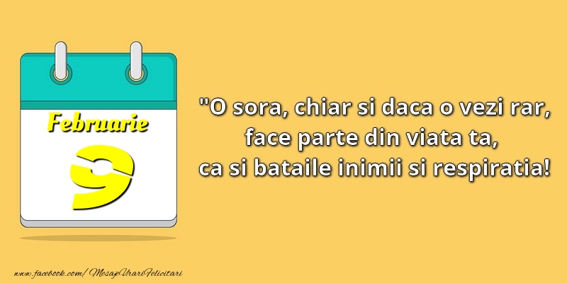 Felicitari de 9 Februarie - O soră, chiar şi dacă o vezi rar, face parte din viata ta, ca şi bătăile inimii şi respiraţia! 9Februarie