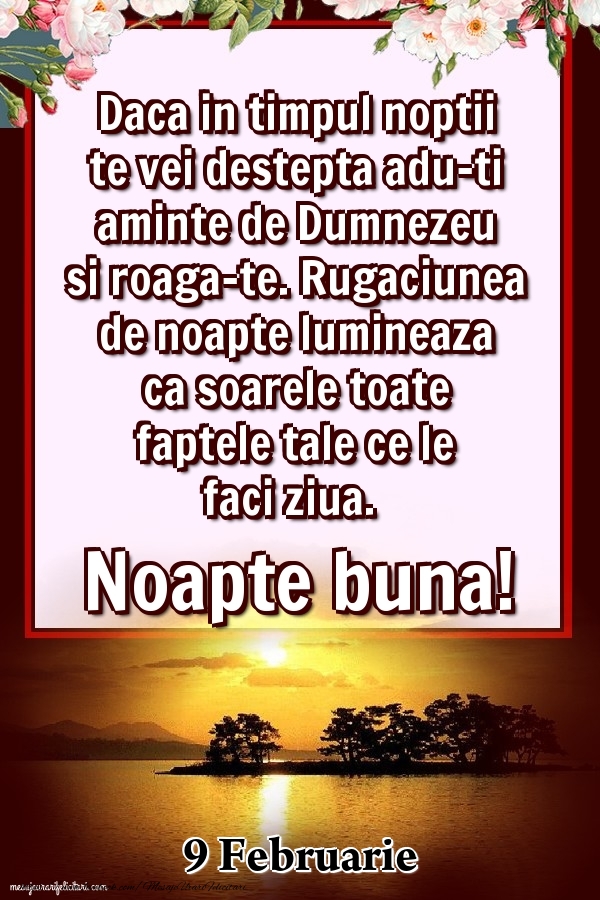 Felicitari de 9 Februarie - 9 Februarie - Daca in timpul noptii te vei destepta adu-ti aminte de Dumnezeu si roaga-te. Rugaciunea de noapte lumineaza ca soarele toate faptele tale ce le faci ziua. Noapte buna!