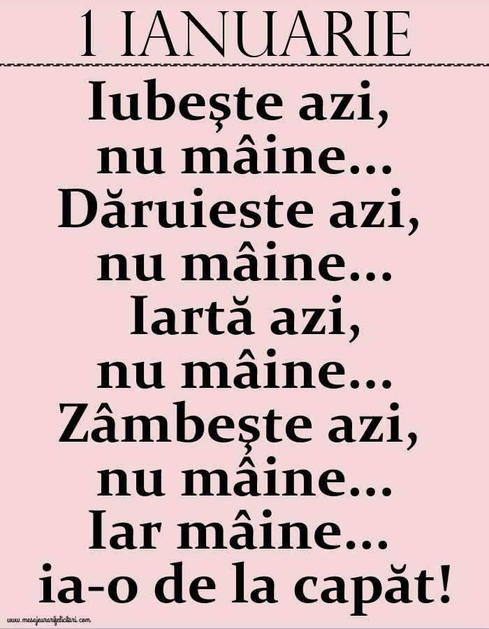 1.Ianuarie Iubeşte azi, nu mâine. Dăruieste azi, nu mâine. Iartă azi, nu mâine. Zâmbeşte azi, nu mâine. Iar mâine...ia-o de la capăt!