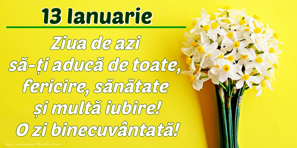 Ianuarie 13 Ziua de azi să-ți aducă de toate, fericire, sănătate și multă iubire! O zi binecuvântată!