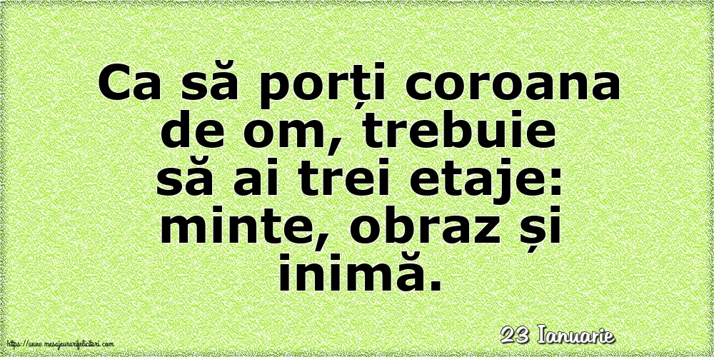 Felicitari de 23 Ianuarie - 23 Ianuarie - Ca să porți coroana de om, trebuie să ai trei etaje: minte, obraz și inimă.