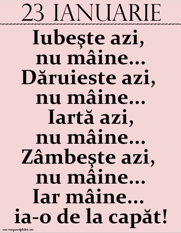 23.Ianuarie Iubeşte azi, nu mâine. Dăruieste azi, nu mâine. Iartă azi, nu mâine. Zâmbeşte azi, nu mâine. Iar mâine...ia-o de la capăt!