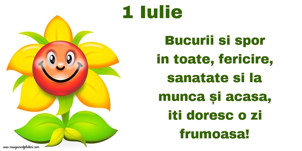 1.Iulie Bucurii si spor in toate, fericire, sanatate si la munca și acasa, iti doresc o zi frumoasa!