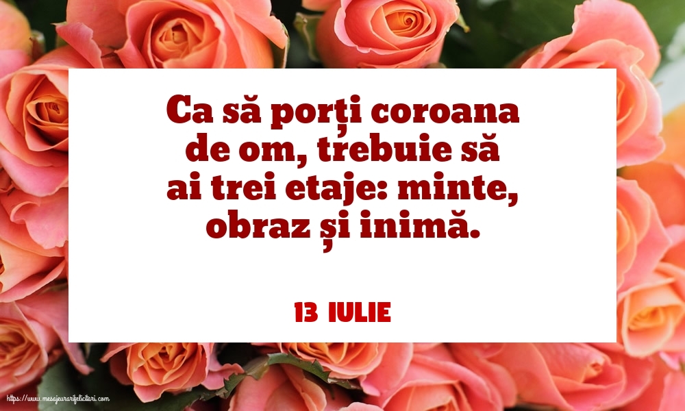 Felicitari de 13 Iulie - 13 Iulie - Ca să porți coroana de om, trebuie să ai trei etaje: minte, obraz și inimă.