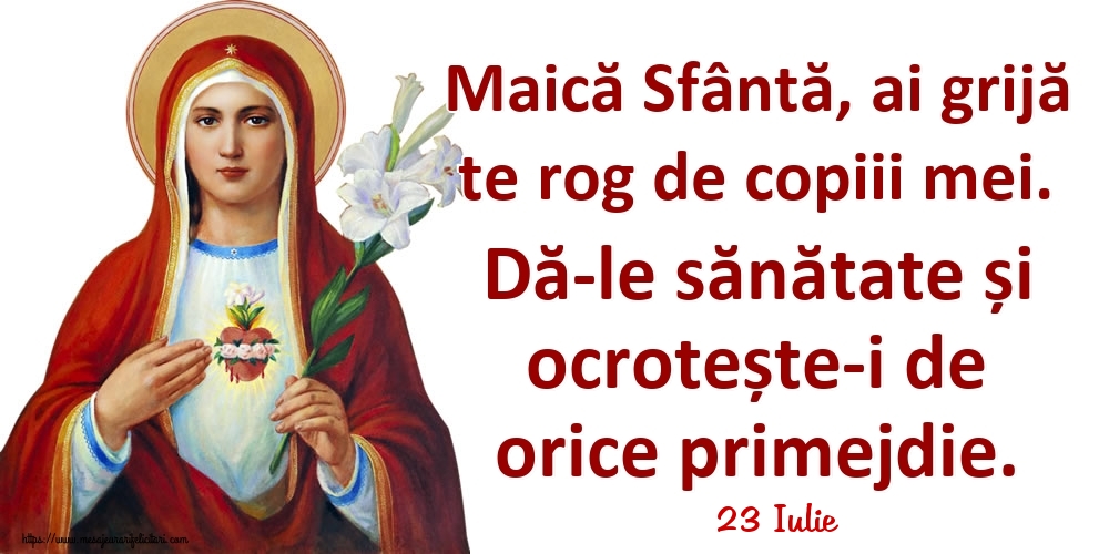 Felicitari de 23 Iulie - 23 Iulie - Maică Sfântă, ai grijă te rog de copiii mei. Dă-le sănătate și ocrotește-i de orice primejdie.