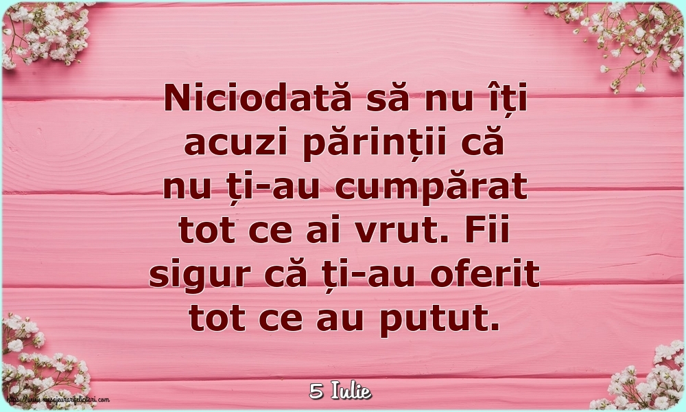 Felicitari de 5 Iulie - 5 Iulie - Niciodată să nu îți acuzi părinții că nu ți-au cumpărat tot ce ai vrut.