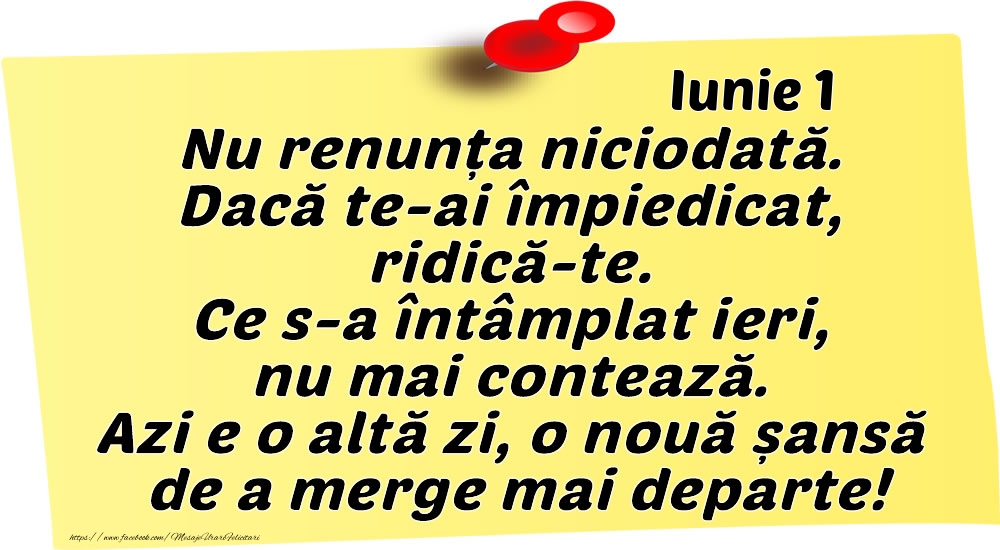 Iunie 1 Nu renunța niciodată. Dacă te-ai împiedicat, ridică-te. Ce s-a întâmplat ieri, nu mai contează. Azi e o altă zi, o nouă șansă de a merge mai departe!