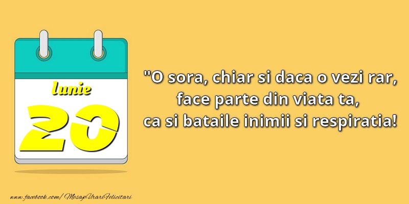 Felicitari de 20 Iunie - O soră, chiar şi dacă o vezi rar, face parte din viata ta, ca şi bătăile inimii şi respiraţia! 20Iunie