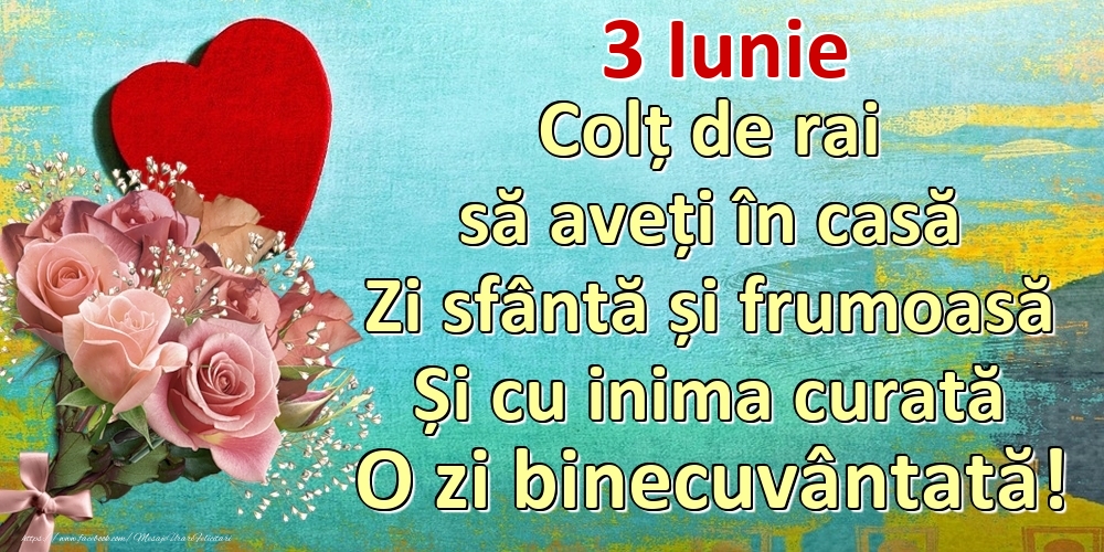 Iunie 3 Colț de rai să aveți în casă Zi sfântă și frumoasă Și cu inima curată O zi binecuvântată!