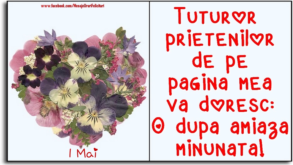 Felicitari de 1 Mai - 1 Mai -Tuturor prietenilor de pe pagina mea va doresc: O dupa amiaza minunata!