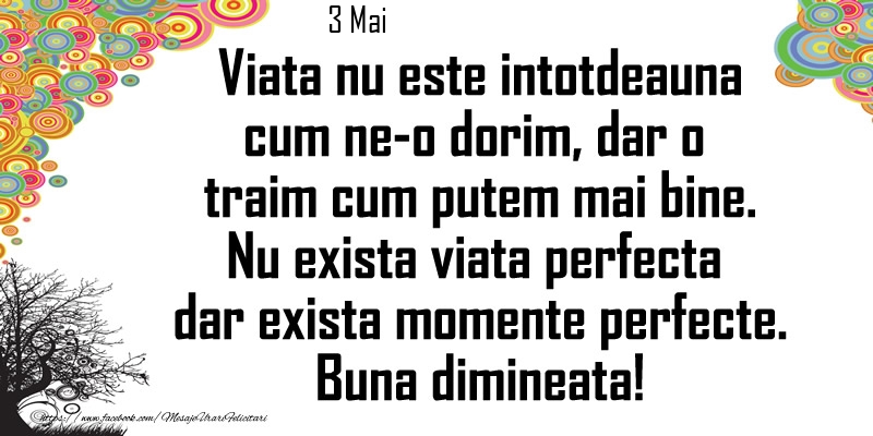 Felicitari de 3 Mai - 3 Mai - Viata nu este intotdeauna cum ne-o dorim, dar o  traim cum putem mai bine. Nu exista viata perfecta dar exista momente perfecte. Buna dimineata!