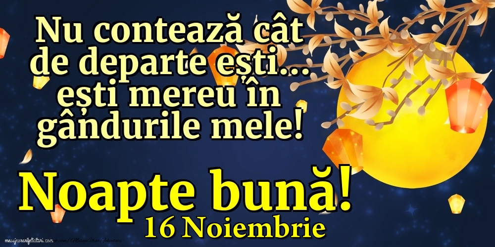 Felicitari de 16 Noiembrie - 16 Noiembrie - Nu contează cât de departe ești... ești mereu în gândurile mele! Noapte bună!