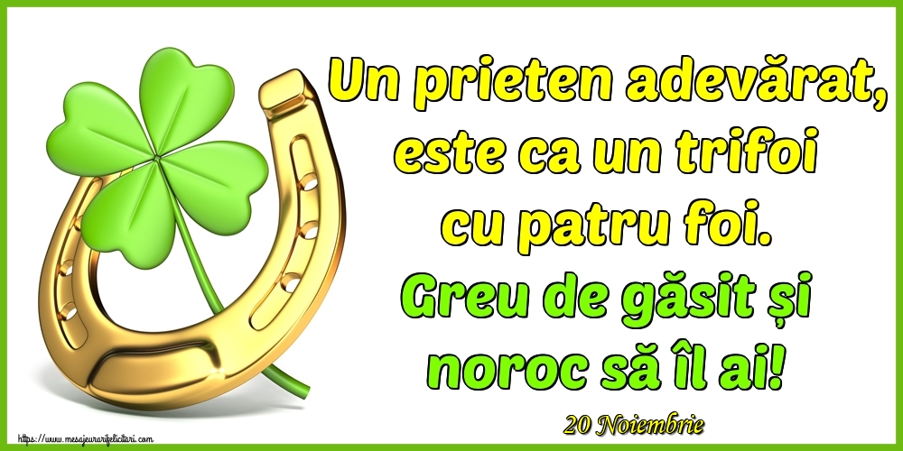 Felicitari de 20 Noiembrie - 20 Noiembrie - Un prieten adevărat, este ca un trifoi cu patru foi. Greu de găsit și noroc să îl ai!