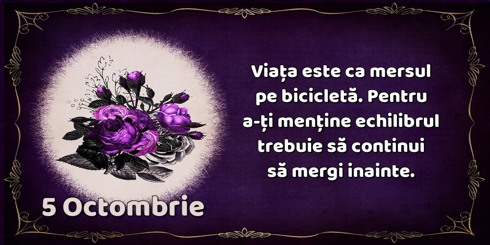 5.Octombrie Viața este ca mersul pe bicicletă. Pentru a-ți menține echilibrul trebuie să continui să mergi inainte.