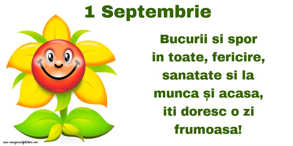 Felicitari de 1 Septembrie - 1.Septembrie Bucurii si spor in toate, fericire, sanatate si la munca și acasa, iti doresc o zi frumoasa!