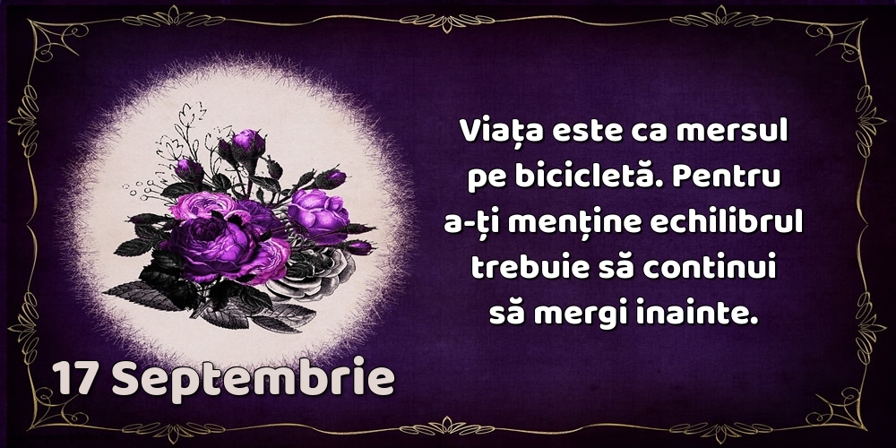 17.Septembrie Viața este ca mersul pe bicicletă. Pentru a-ți menține echilibrul trebuie să continui să mergi inainte.