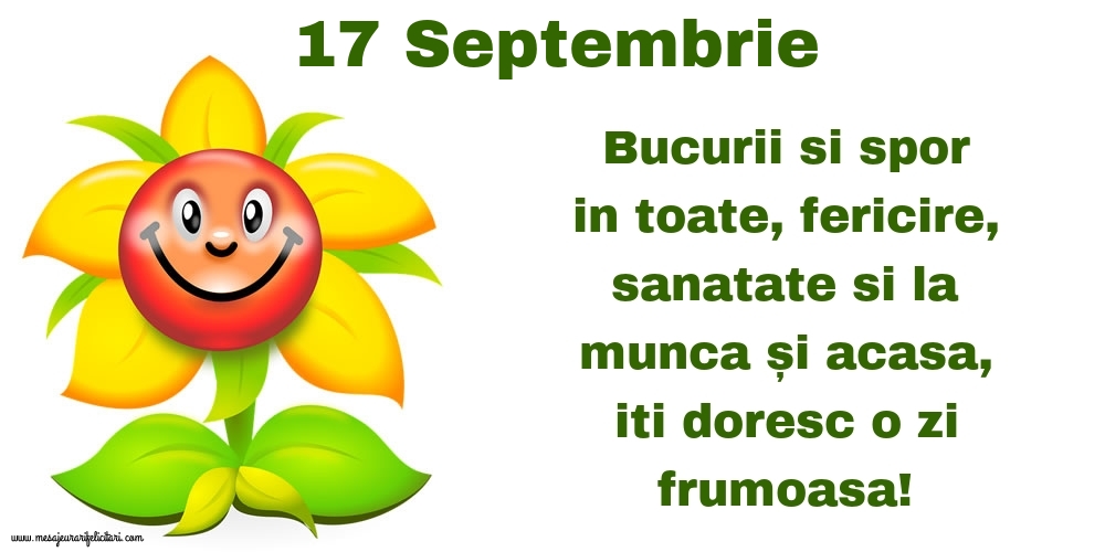 17.Septembrie Bucurii si spor in toate, fericire, sanatate si la munca și acasa, iti doresc o zi frumoasa!