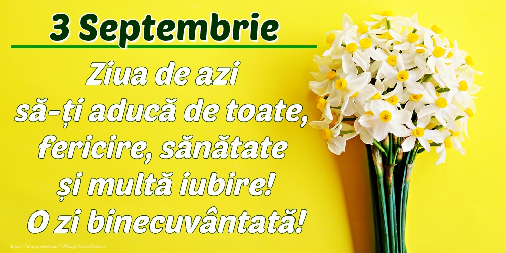 Septembrie 3 Ziua de azi să-ți aducă de toate, fericire, sănătate și multă iubire! O zi binecuvântată!