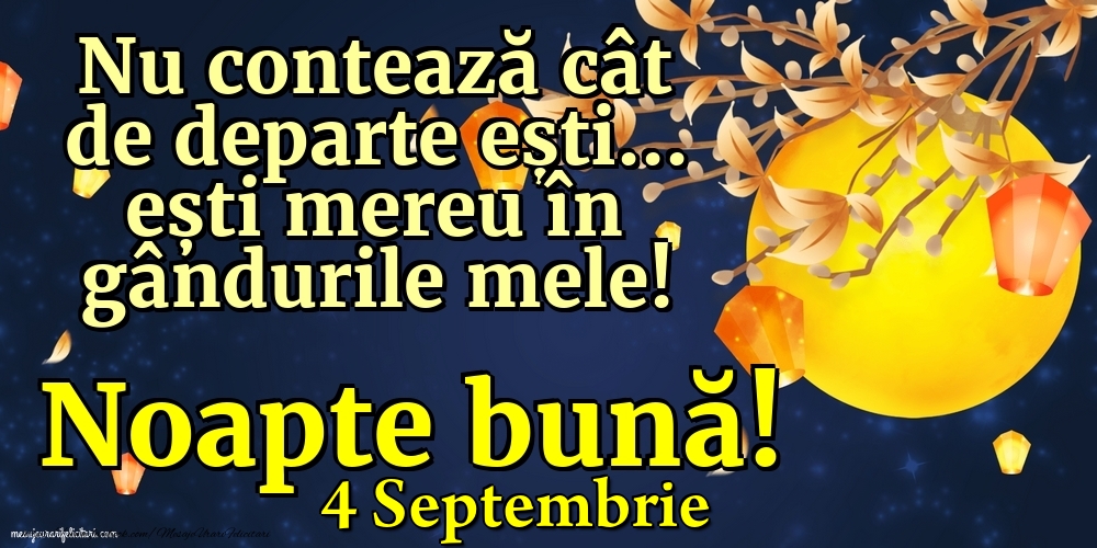 Felicitari de 4 Septembrie - 4 Septembrie - Nu contează cât de departe ești... ești mereu în gândurile mele! Noapte bună!